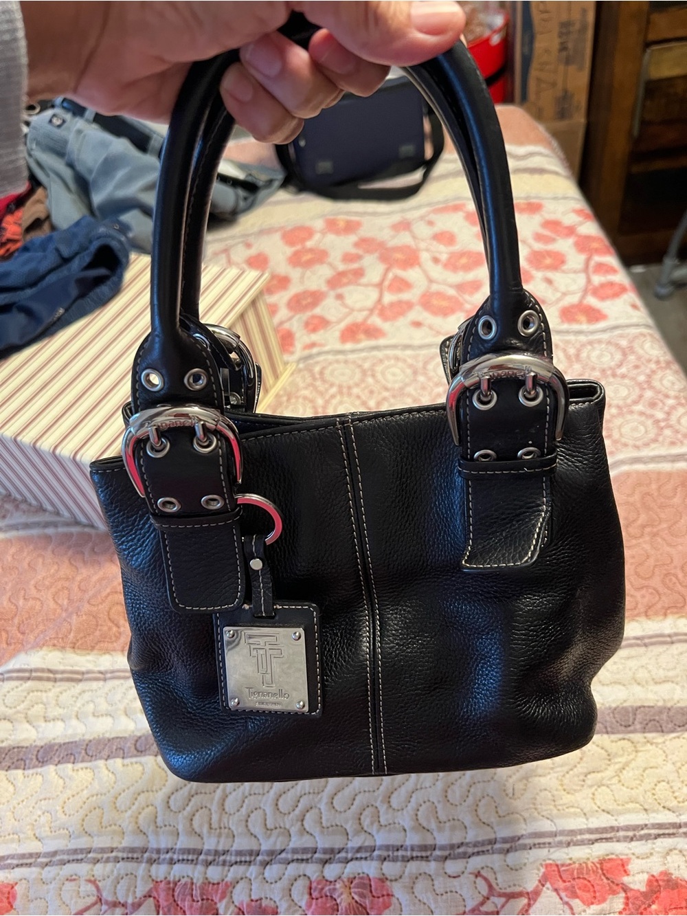 Tignanello Black Leather Mini Satchel with Buckle Accents